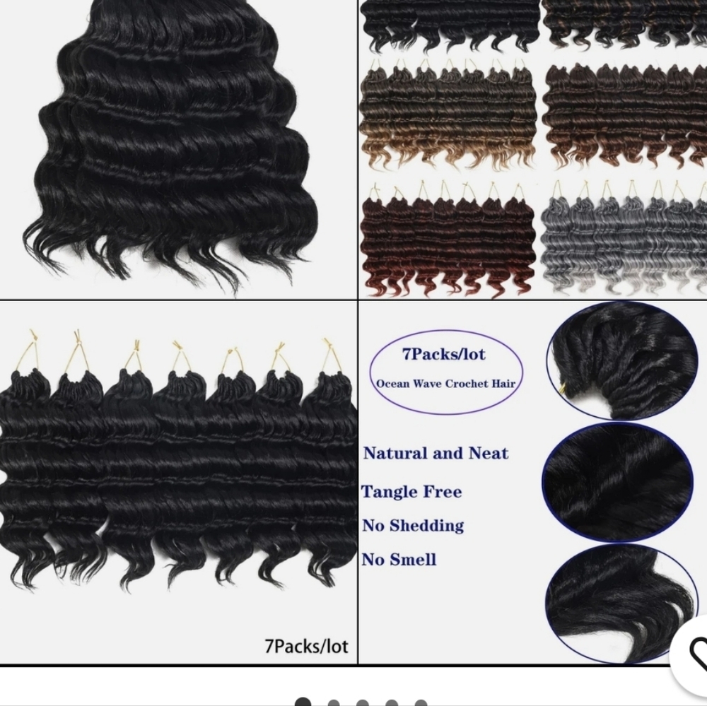 Ocean Wave Crochet Hair: Pre-Looped Curly Braiding, 7 Packs - Black